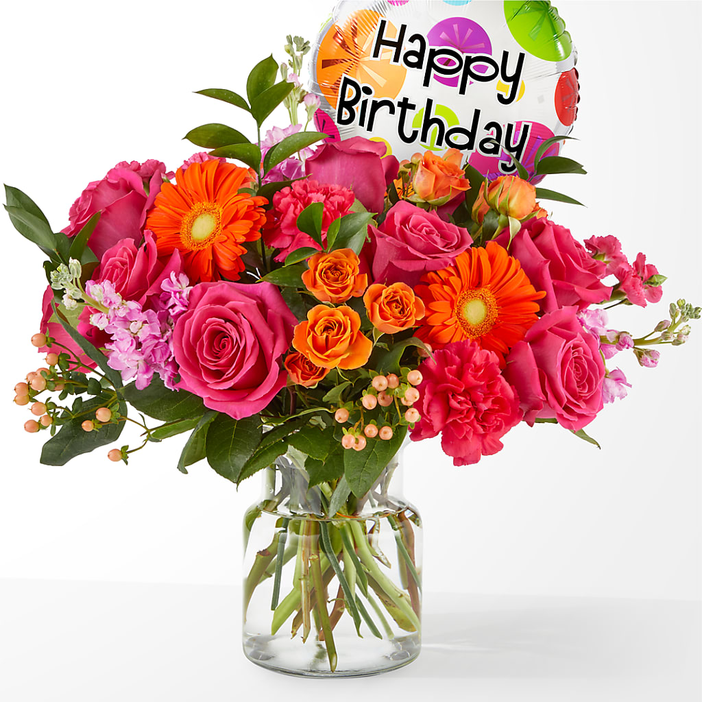 Fiesta Bouquet with Birthday Balloon – Flowers By Monica Kelly, Sebastian FL