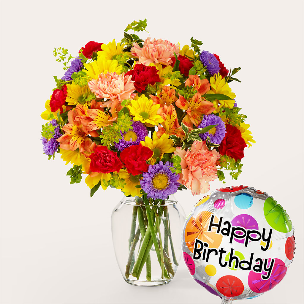 Kaleidoscope Bouquet with Birthday Balloon – Flowers By Monica Kelly, Sebastian FL