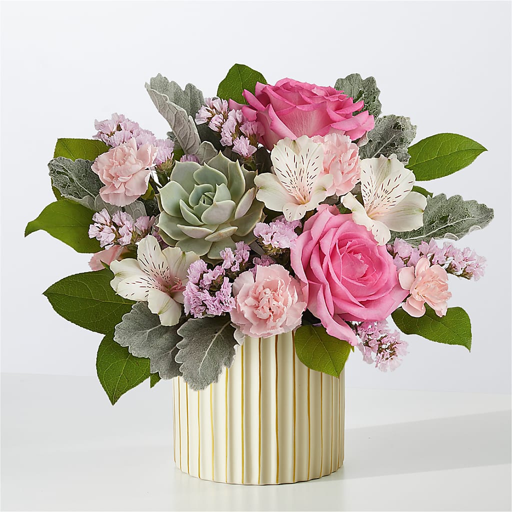 Dusty Rose Bouquet with Ivory Vase – Flowers By Monica Kelly, Sebastian FL