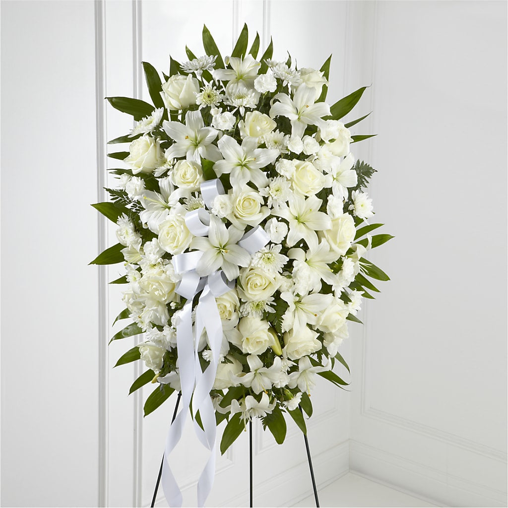 Exquisite Tribute Standing Spray-White Ribbon – Flowers By Monica Kelly, Sebastian FL